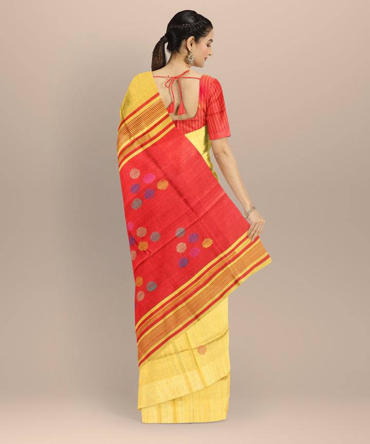 Yellow red raw silk handloom bhagalpur saree