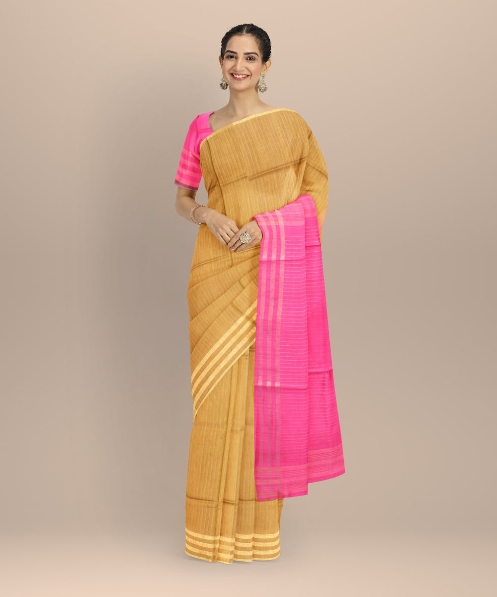 Mustard pink raw silk handloom bhagalpur saree