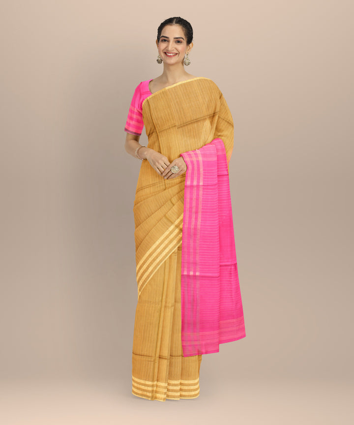 Mustard pink raw silk handloom bhagalpur saree