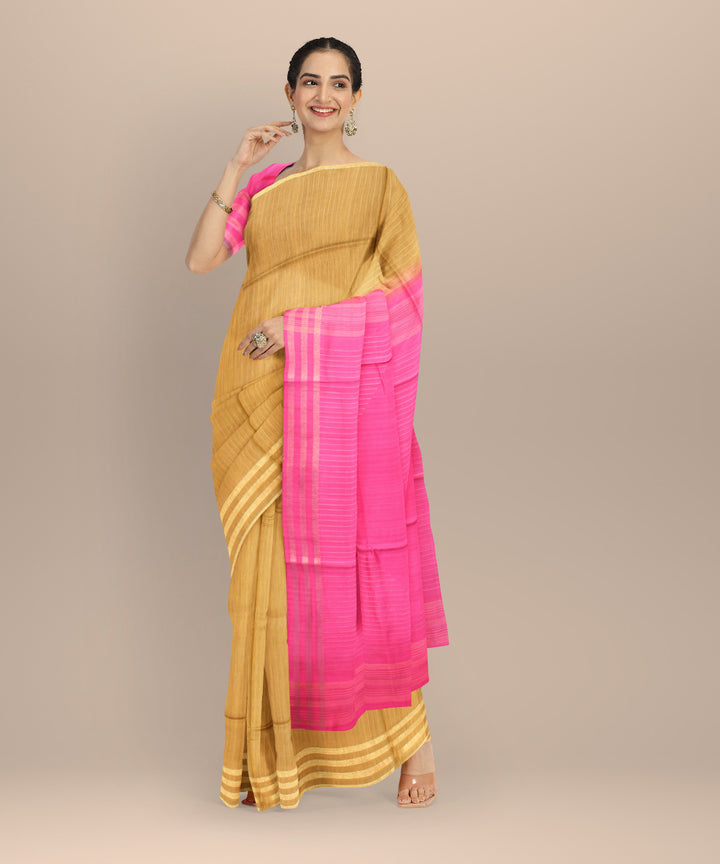 Mustard pink raw silk handloom bhagalpur saree