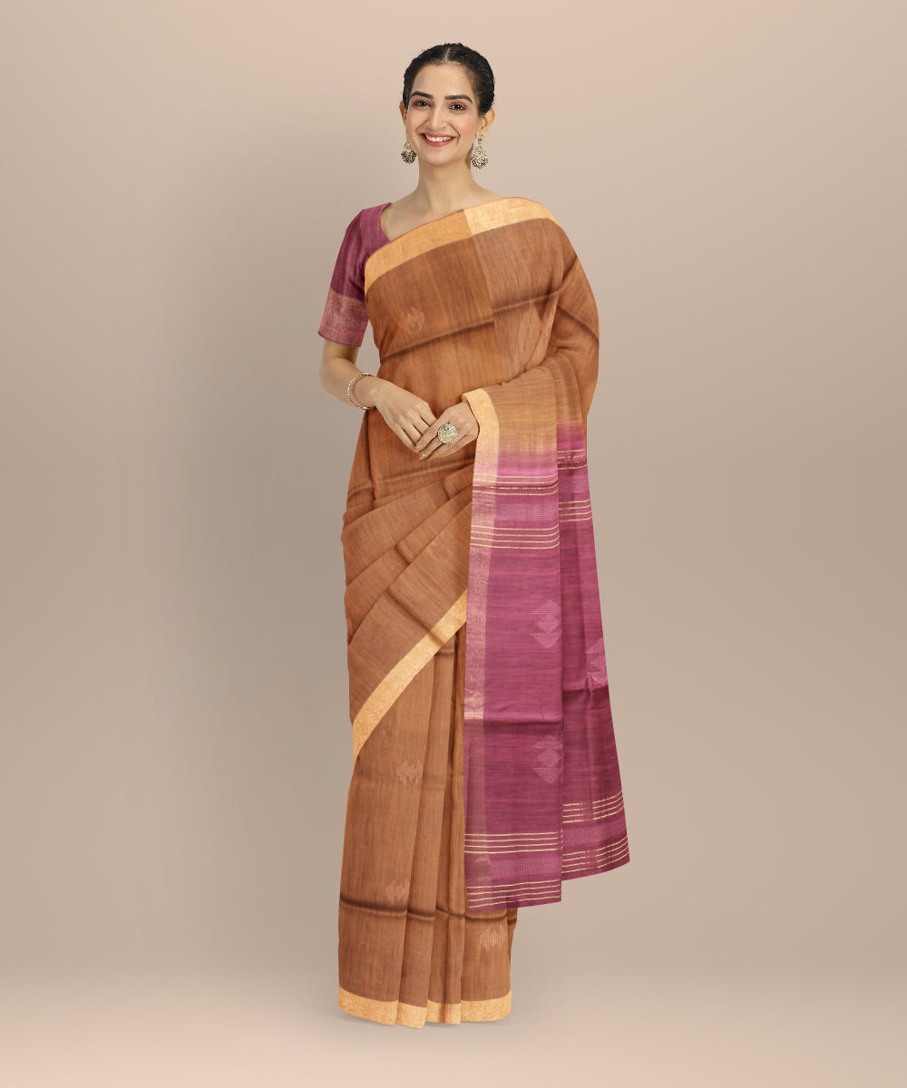 Brown purple raw silk handloom bhagalpur saree
