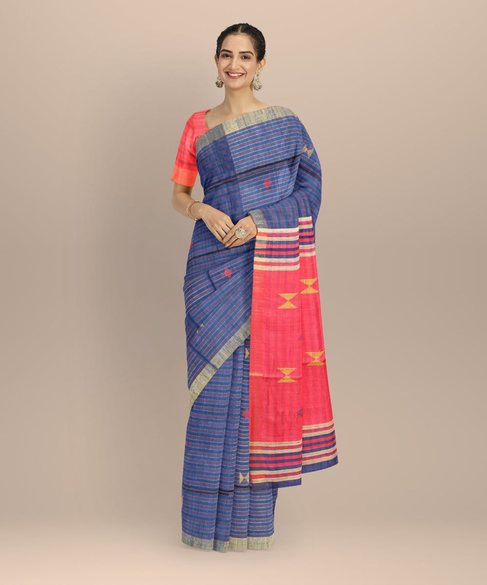 Navy blue pink striped raw silk handloom bhagalpur saree