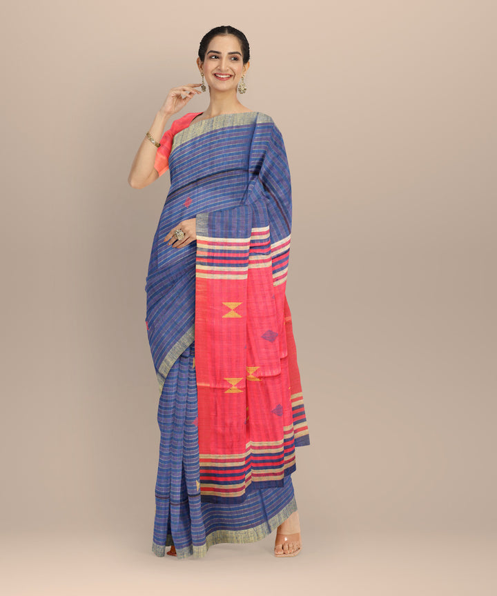 Navy blue pink striped raw silk handloom bhagalpur saree