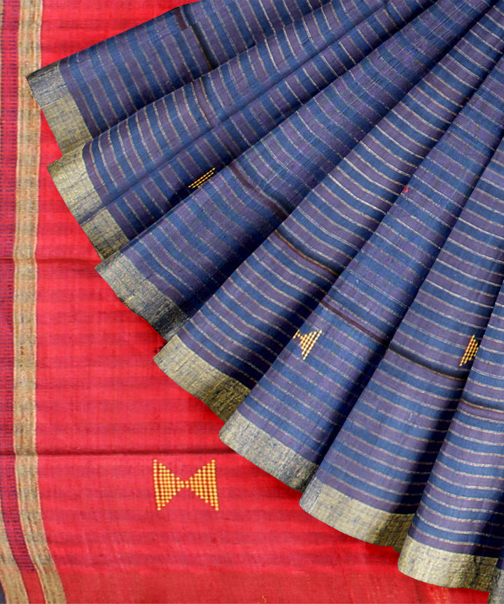 Navy blue pink striped raw silk handloom bhagalpur saree