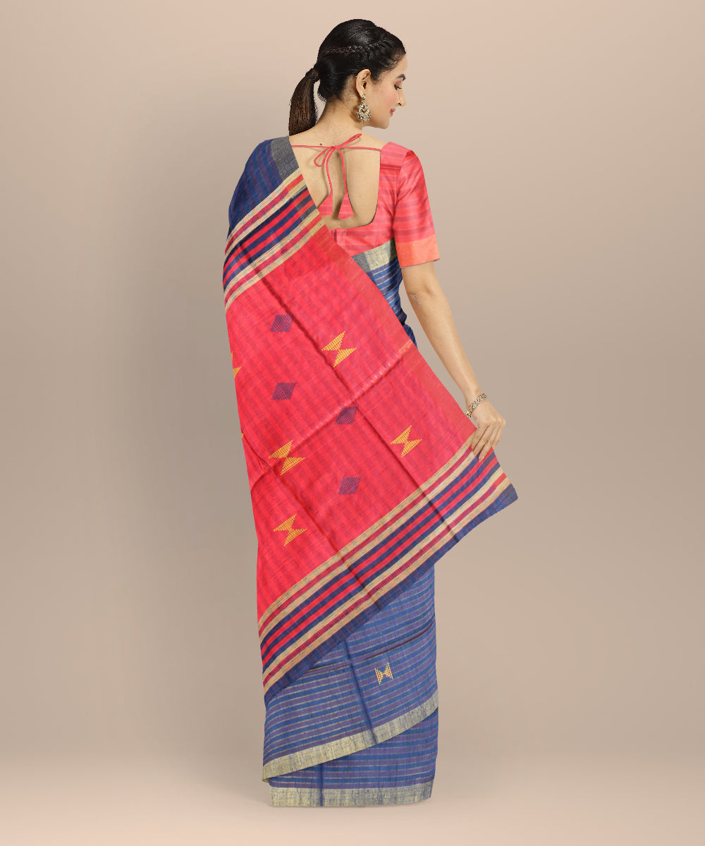 Navy blue pink striped raw silk handloom bhagalpur saree