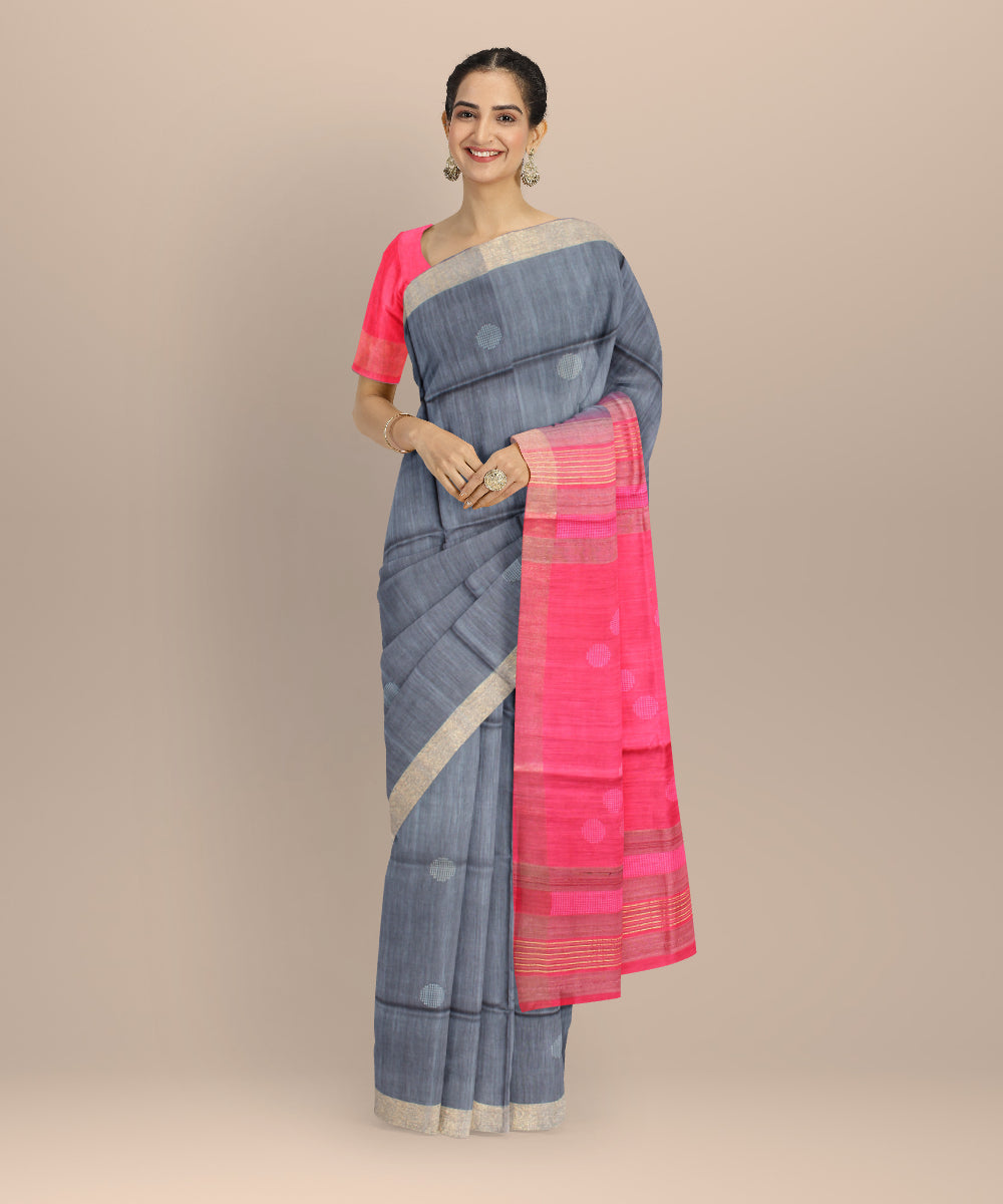 Grey pink raw silk handloom bhagalpur saree