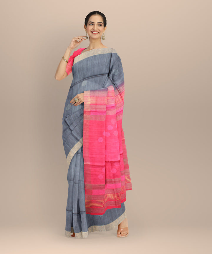 Grey pink raw silk handloom bhagalpur saree
