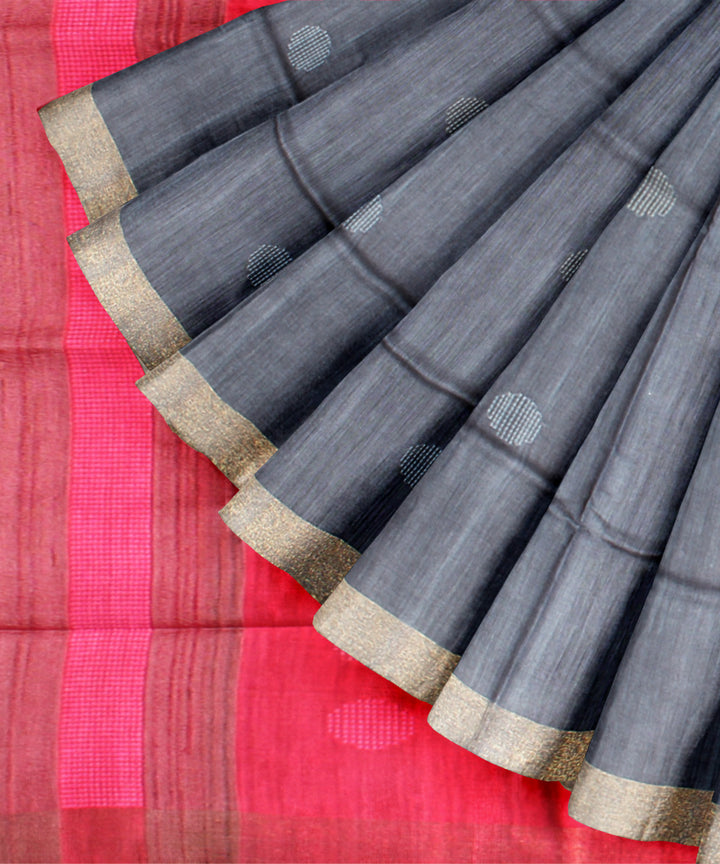 Grey pink raw silk handloom bhagalpur saree