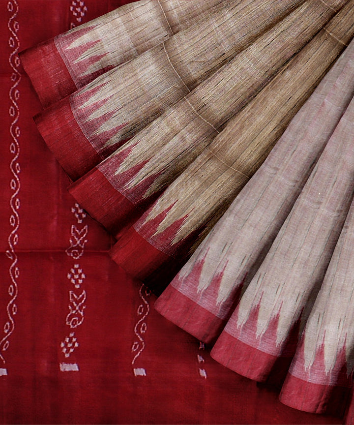 Beige red handwoven tussar silk gopalpur saree