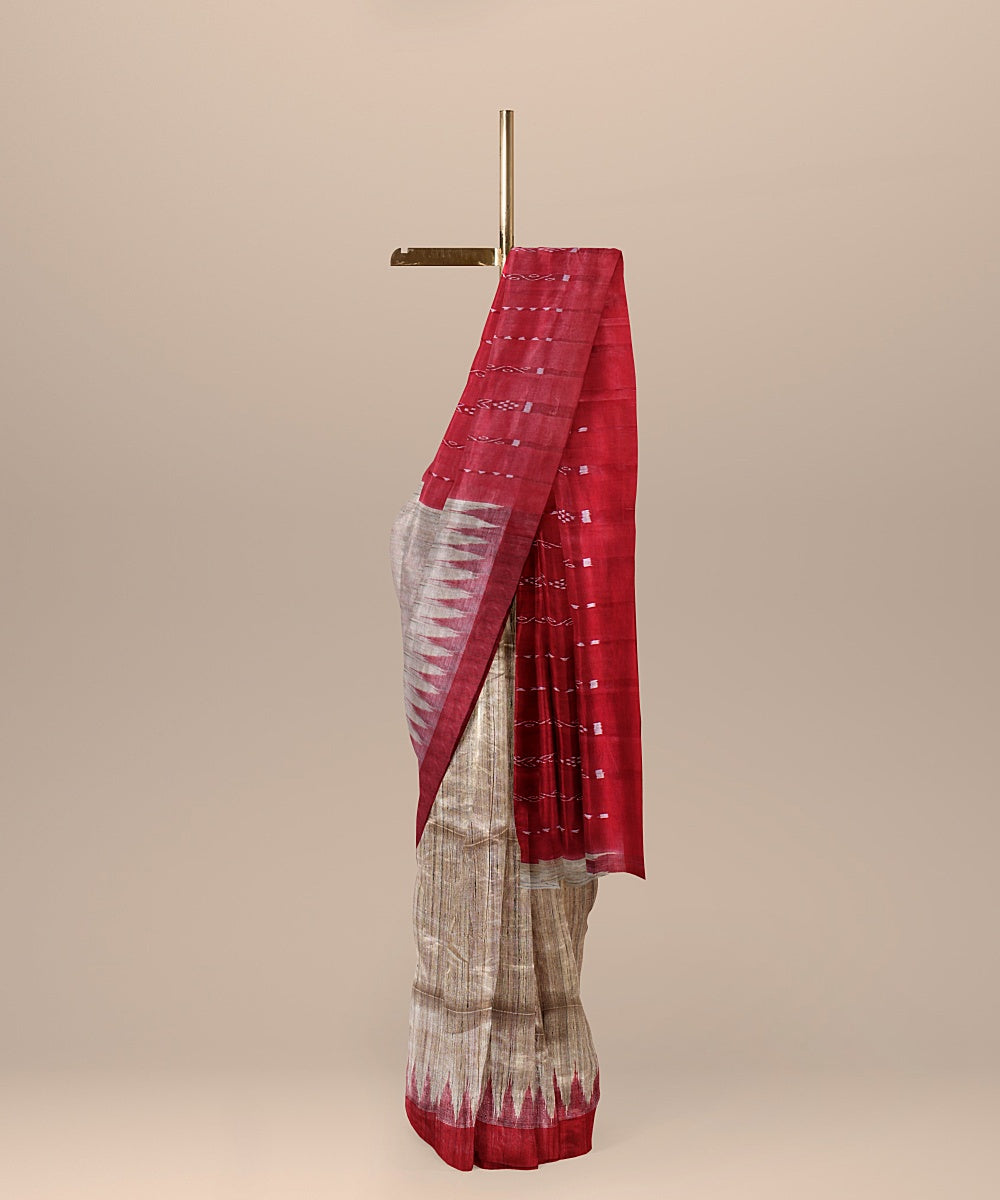 Beige red handwoven tussar silk gopalpur saree