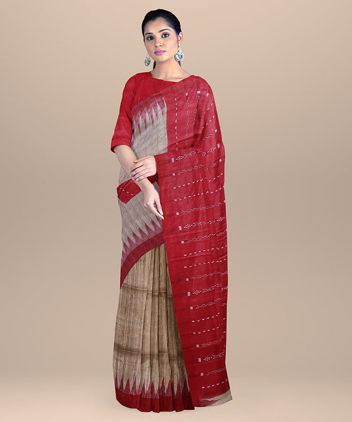 Beige red handwoven tussar silk gopalpur saree