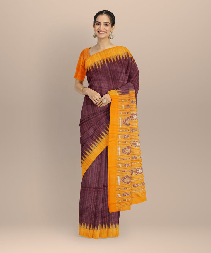 Brown yellow tussar silk handloom gopalpur saree