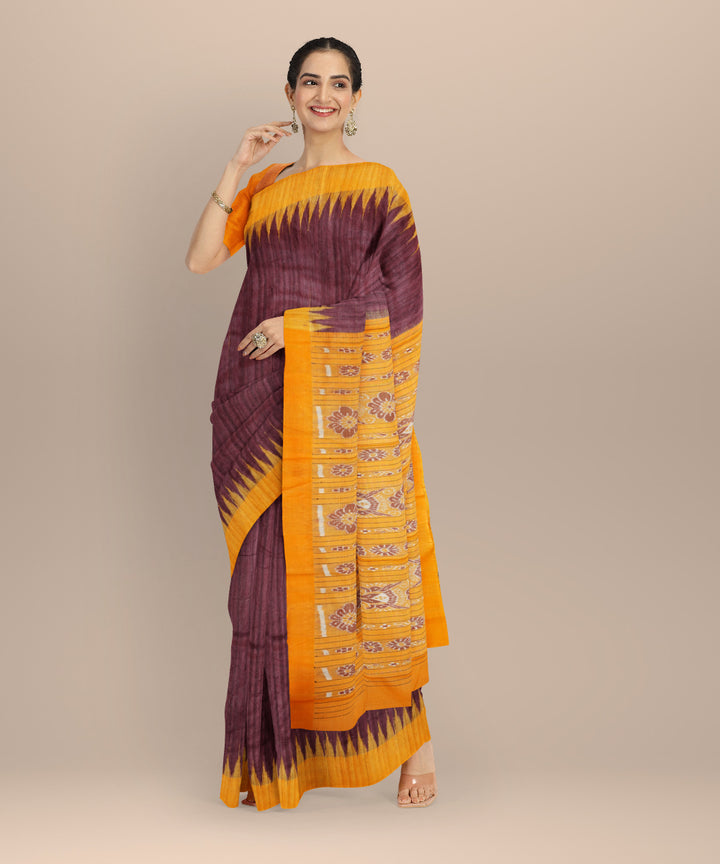Brown yellow tussar silk handloom gopalpur saree