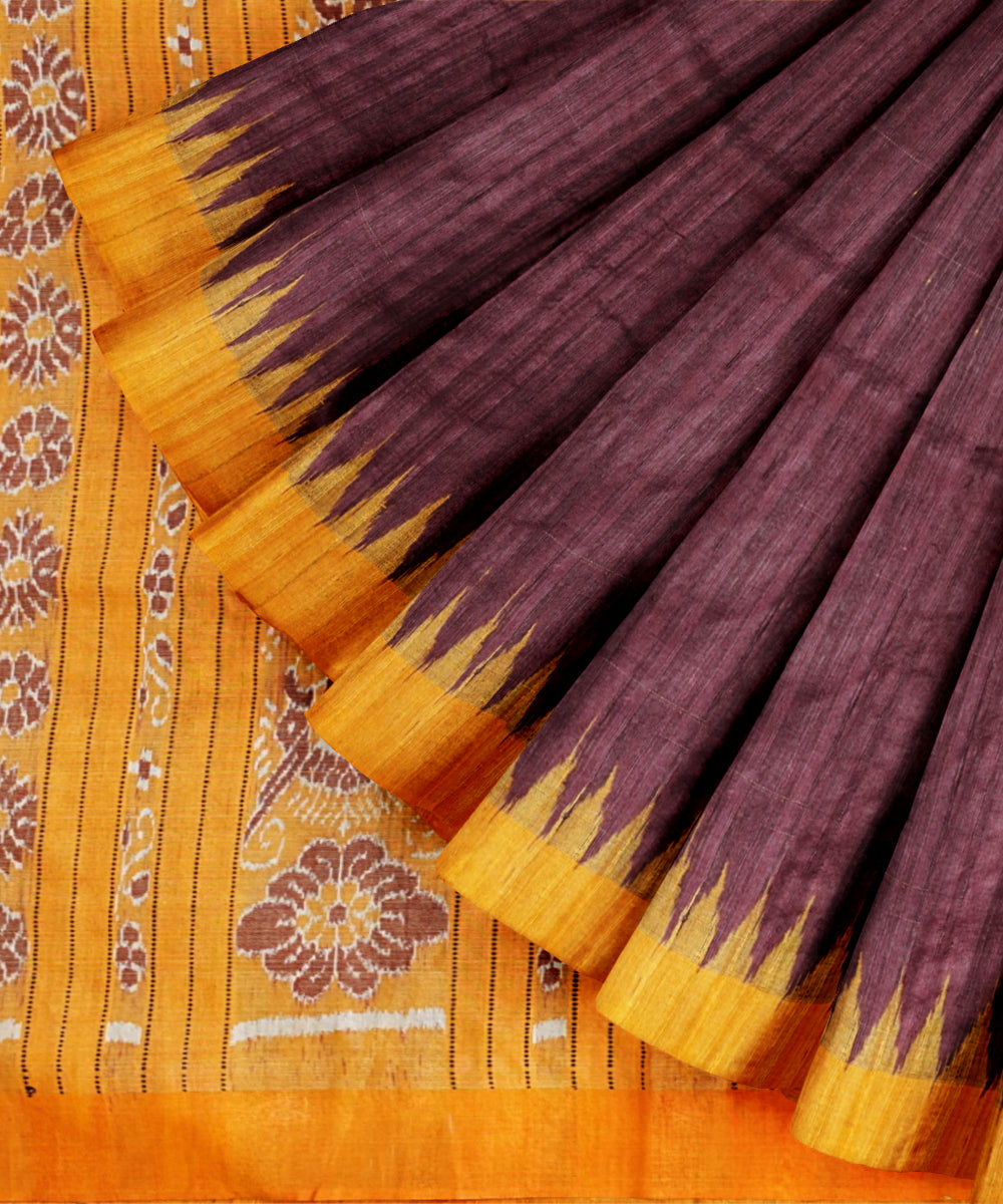 Brown yellow tussar silk handloom gopalpur saree