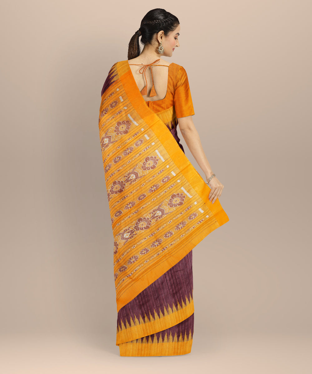 Brown yellow tussar silk handloom gopalpur saree