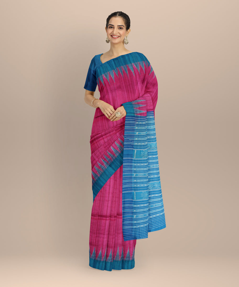 Magenta  sky blue tussar silk handloom gopalpur saree