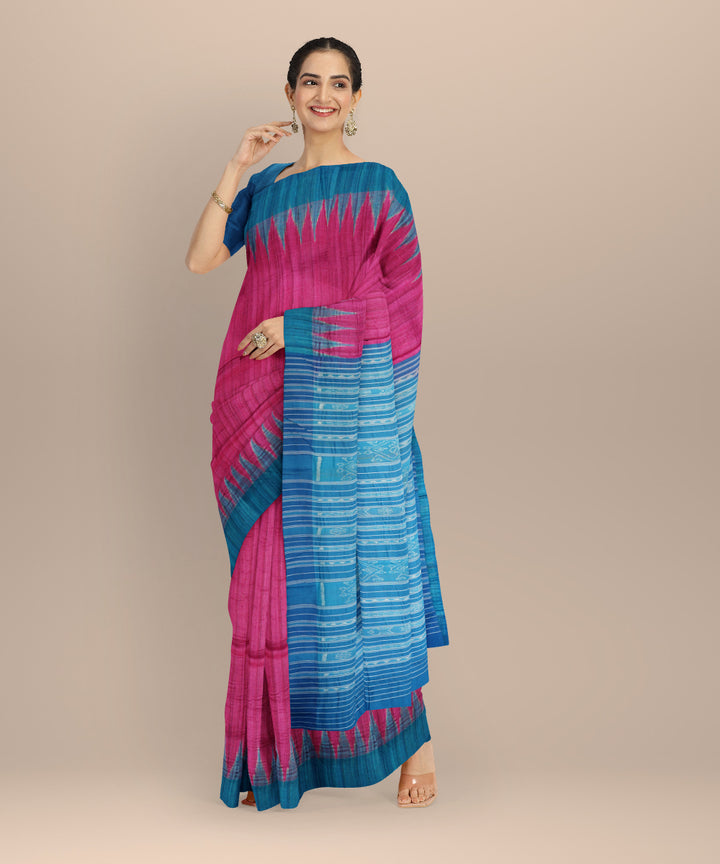 Magenta  sky blue tussar silk handloom gopalpur saree