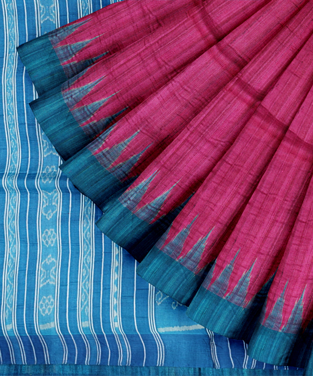 Magenta  sky blue tussar silk handloom gopalpur saree