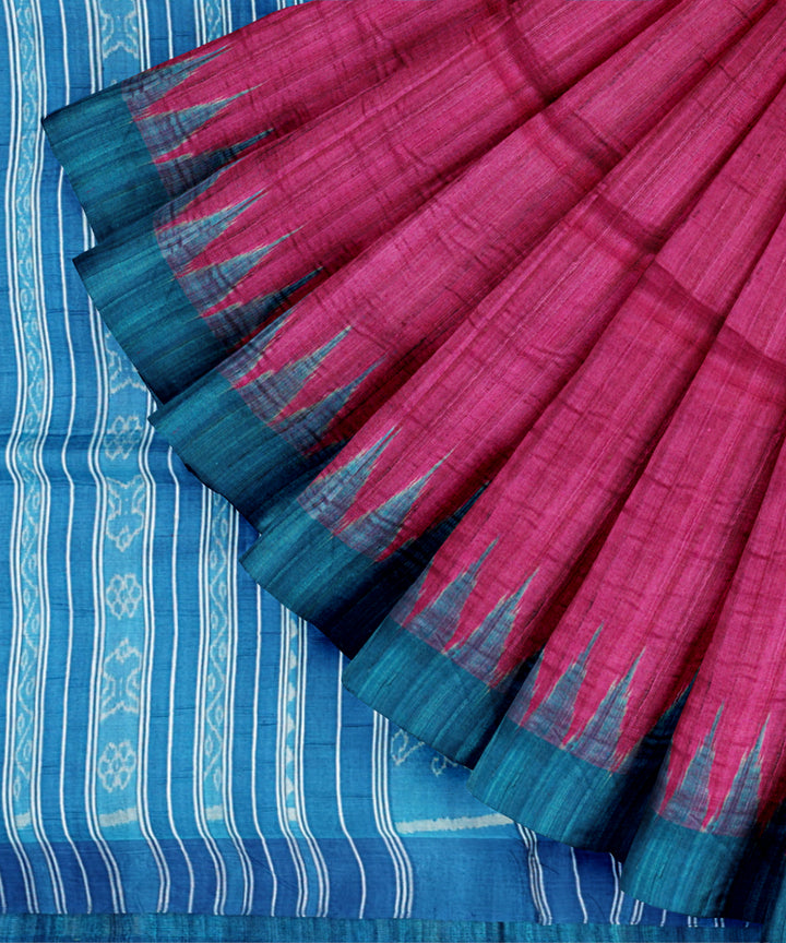Magenta  sky blue tussar silk handloom gopalpur saree