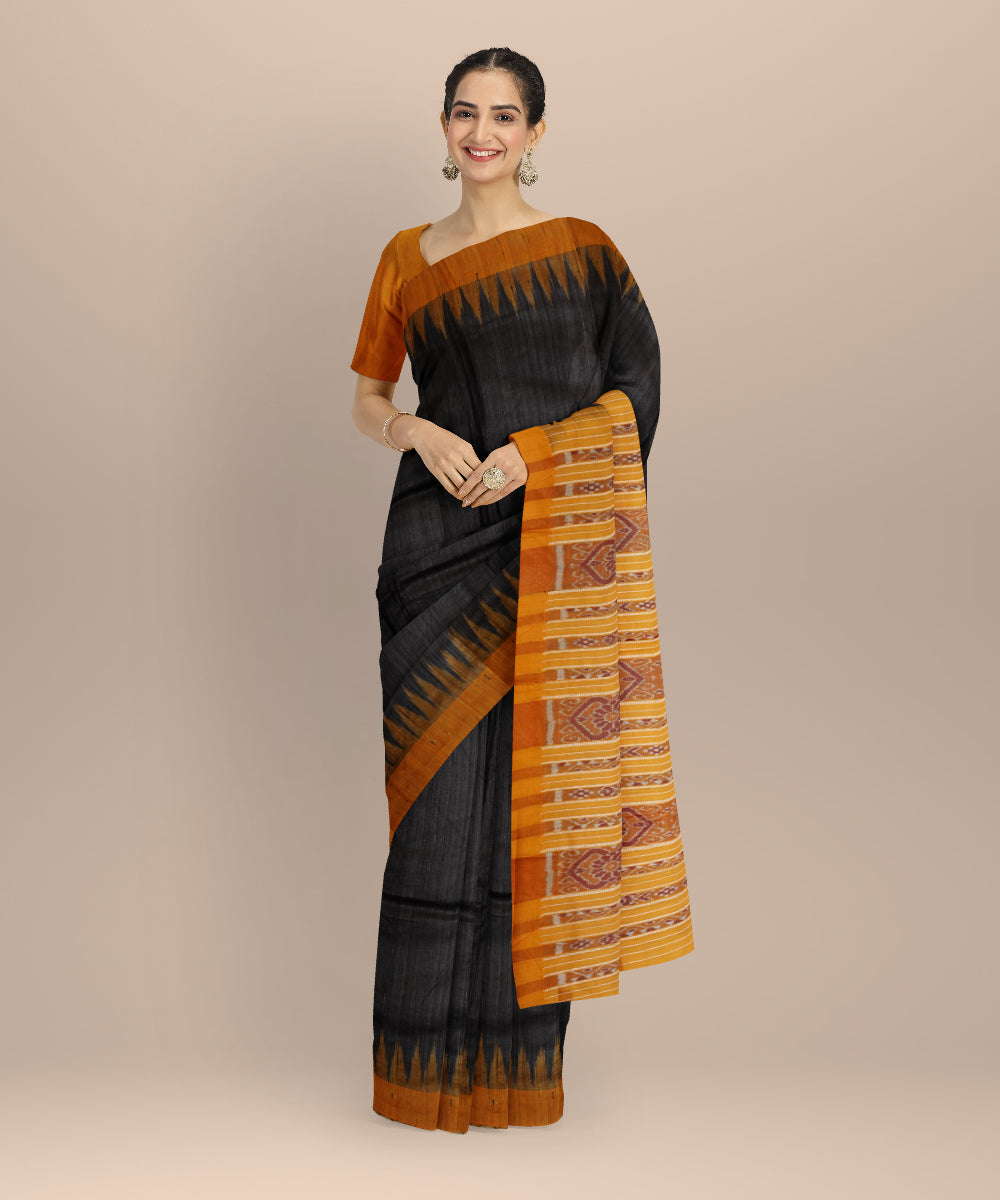 Black yellow tussar silk handloom gopalpur saree