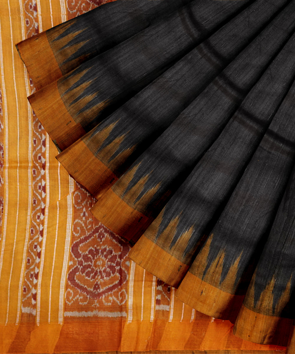 Black yellow tussar silk handloom gopalpur saree
