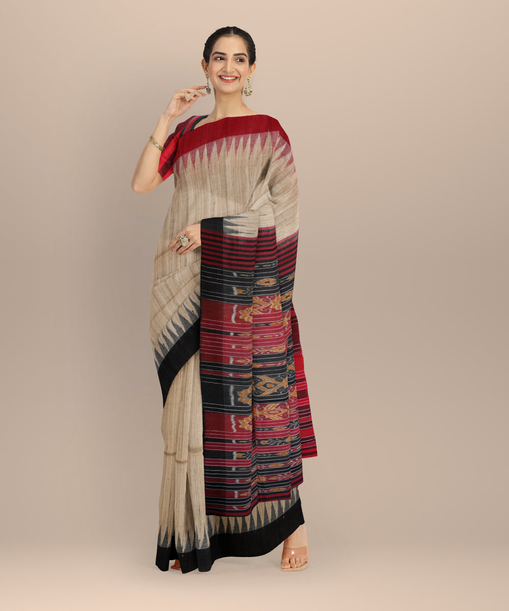 Beige black tussar silk handloom gopalpur saree