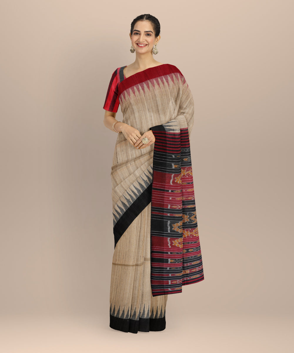 Beige black tussar silk handloom gopalpur saree