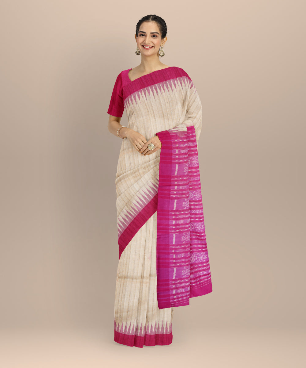 Beige pink tussar silk handloom gopalpur saree