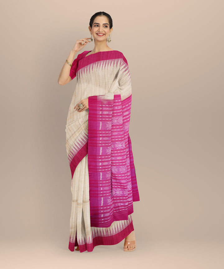 Beige pink tussar silk handloom gopalpur saree