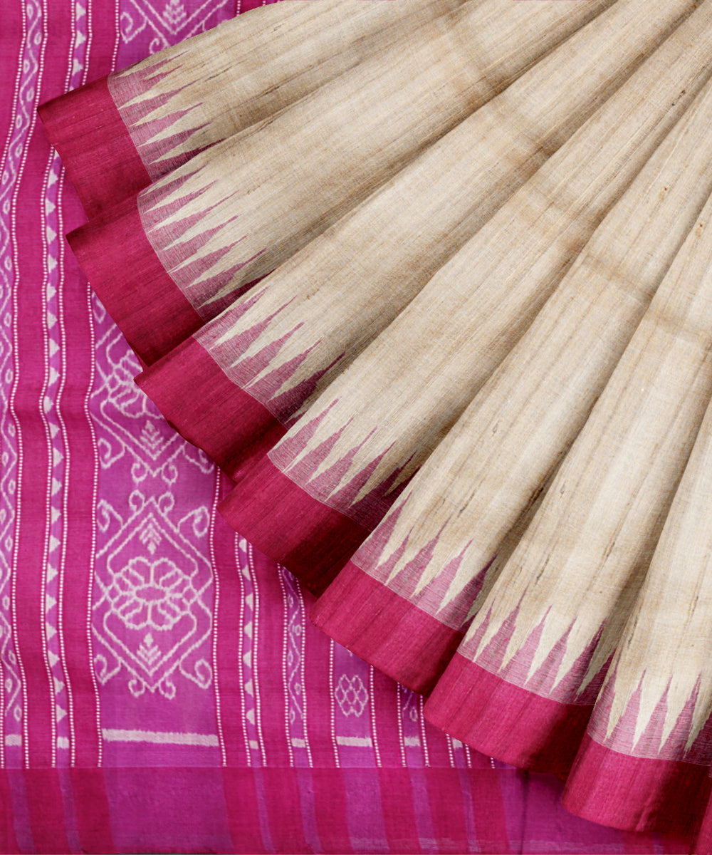 Beige pink tussar silk handloom gopalpur saree