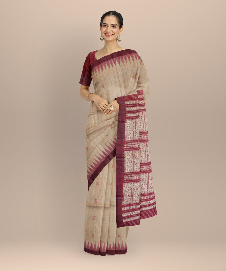 Beige maroon tussar silk handloom gopalpur saree