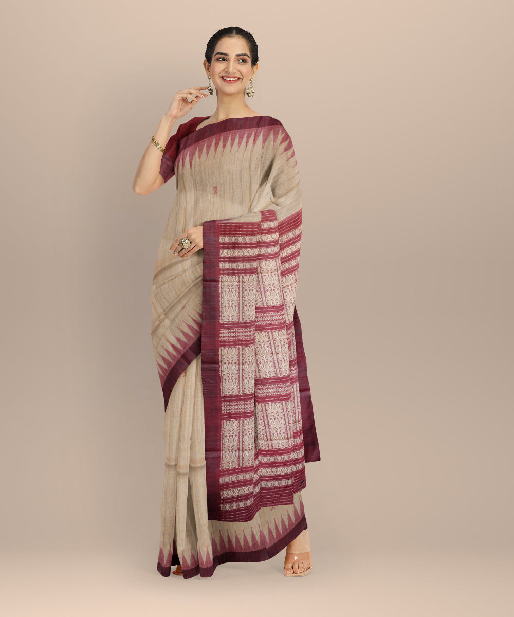 Beige maroon tussar silk handloom gopalpur saree