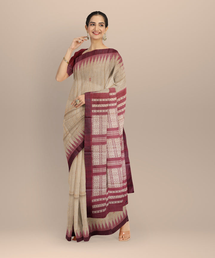 Beige maroon tussar silk handloom gopalpur saree
