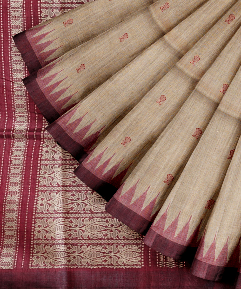 Beige maroon tussar silk handloom gopalpur saree