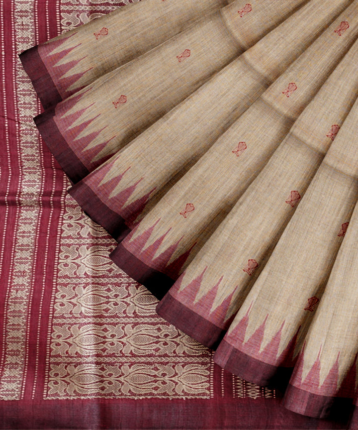 Beige maroon tussar silk handloom gopalpur saree