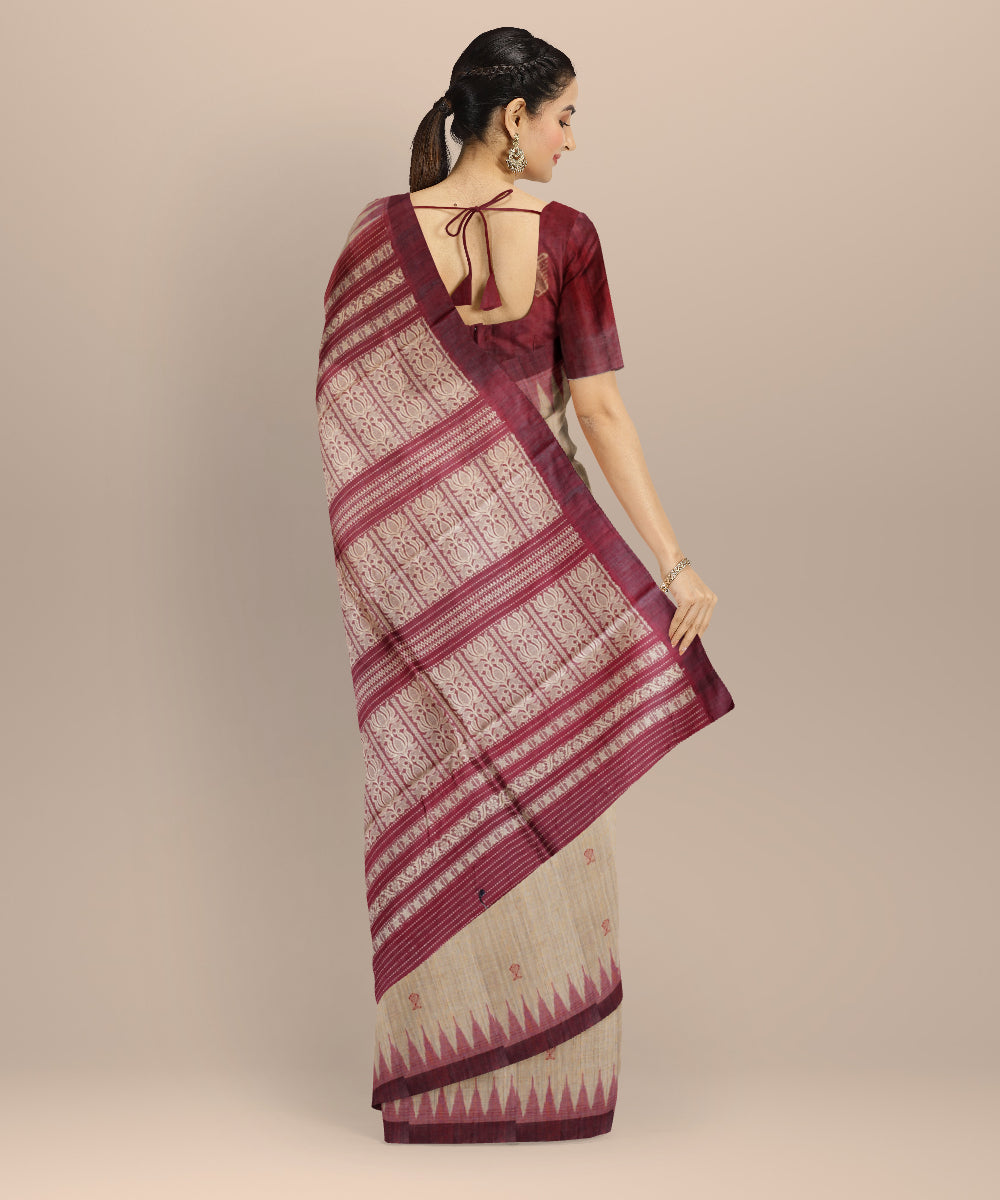 Beige maroon tussar silk handloom gopalpur saree