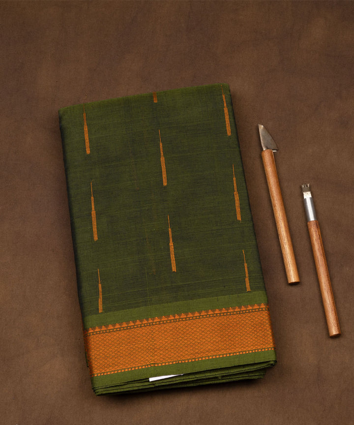 Dark green olive green cotton handloom kajivaram saree