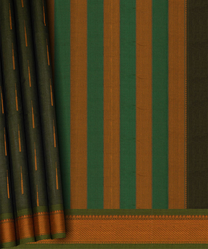 Dark green olive green cotton handloom kajivaram saree