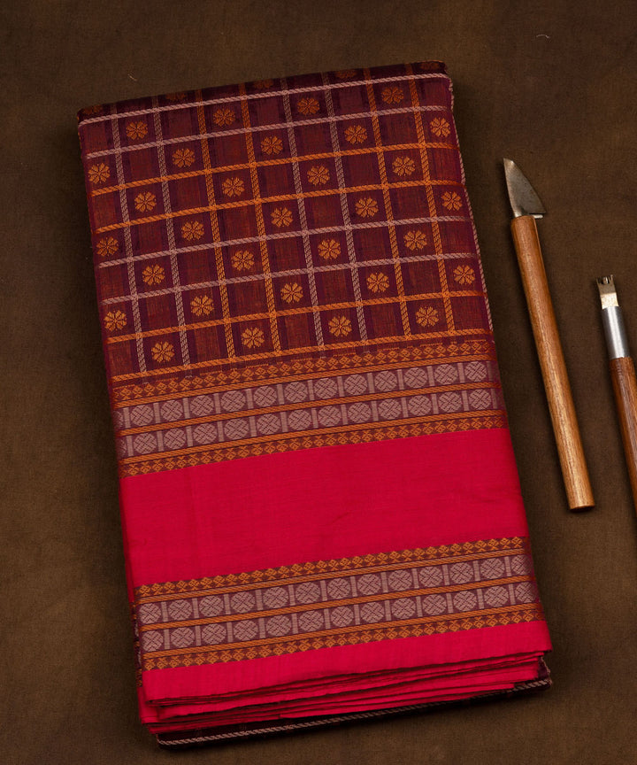 Maroon peach cotton handloom kajivaram saree