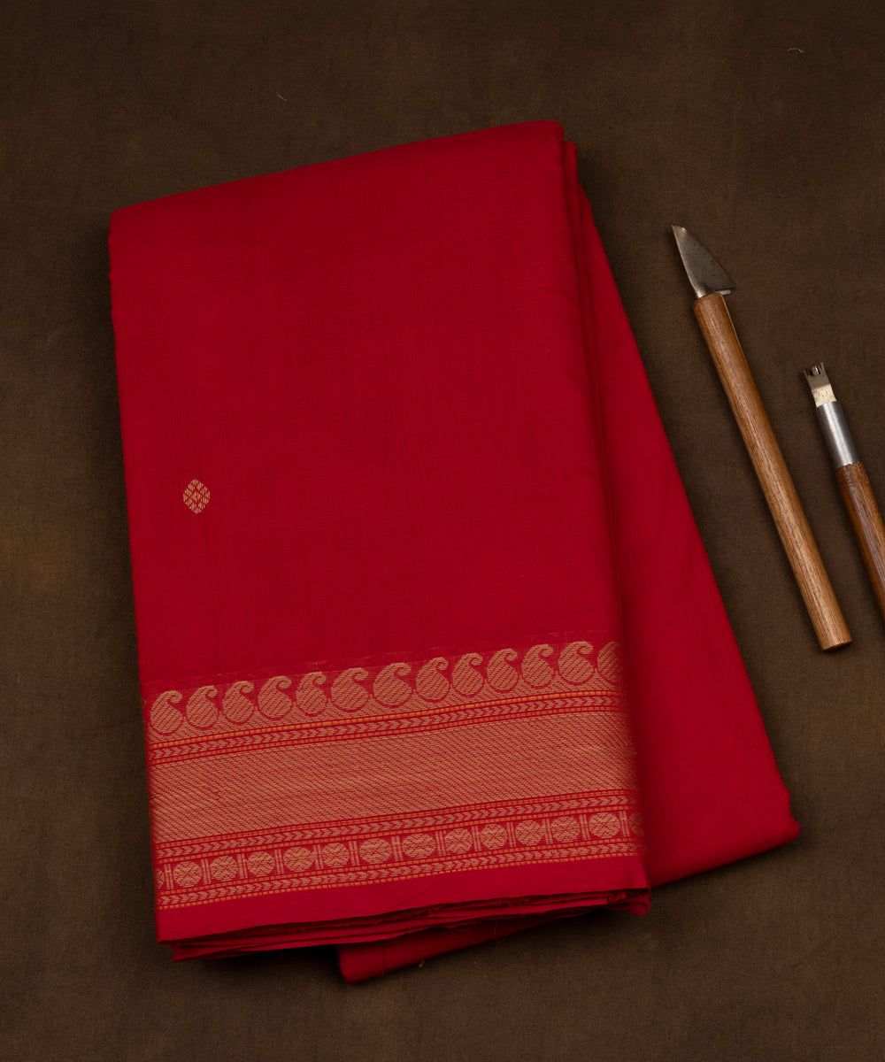 Red beige cotton handloom kajivaram saree