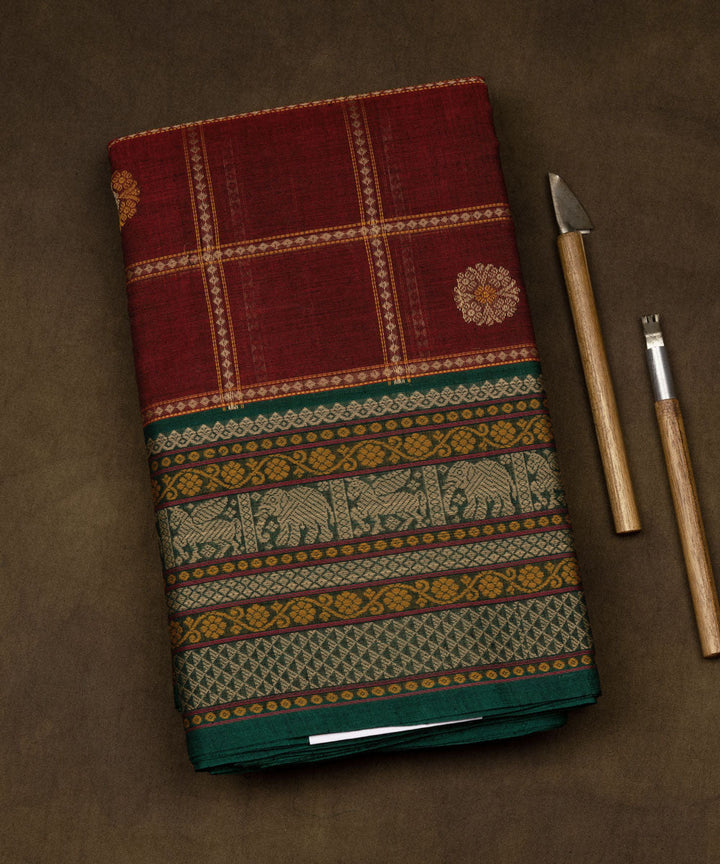 Maroon green cotton handloom kajivaram saree