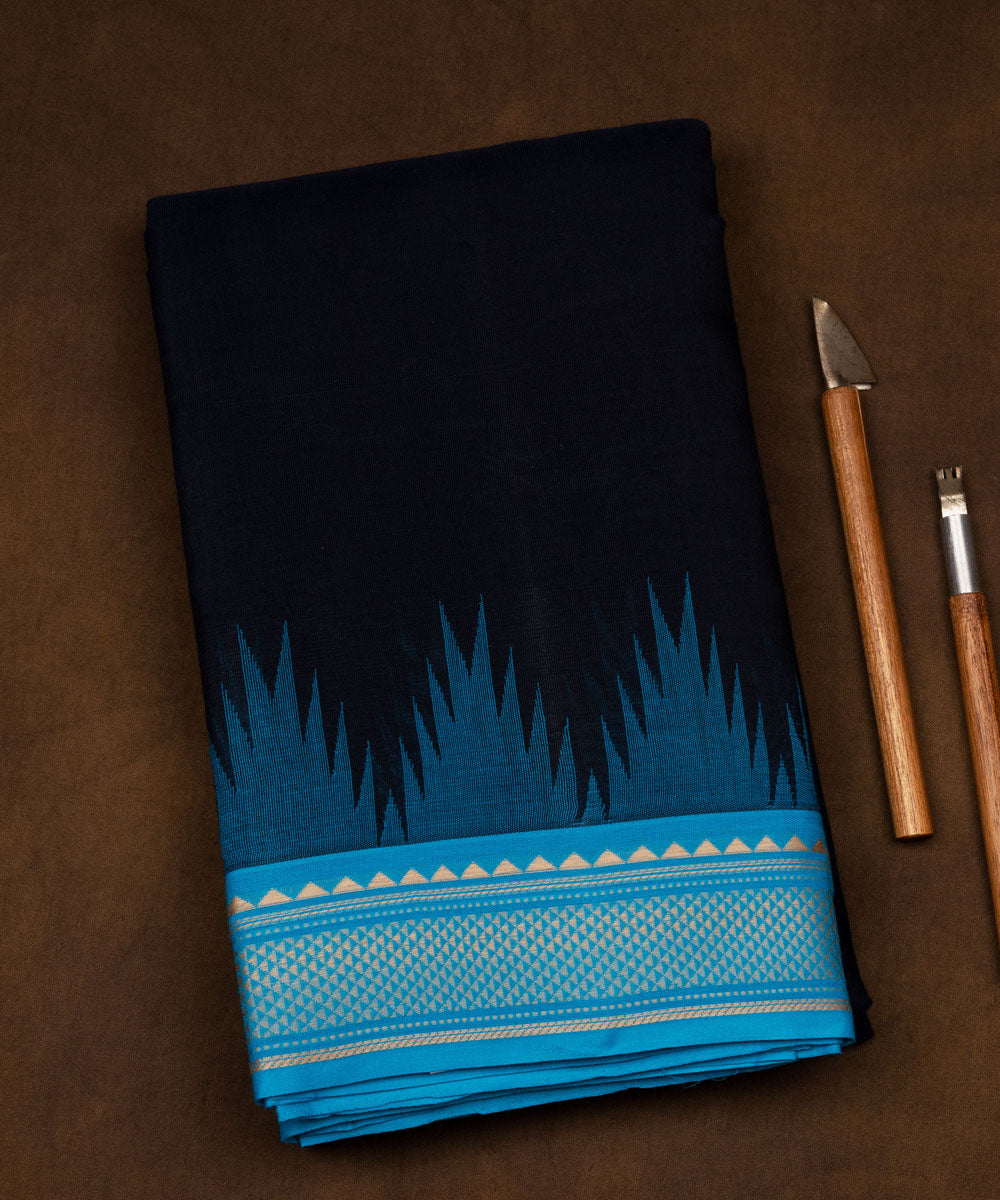 Black blue cotton handloom kajivaram saree