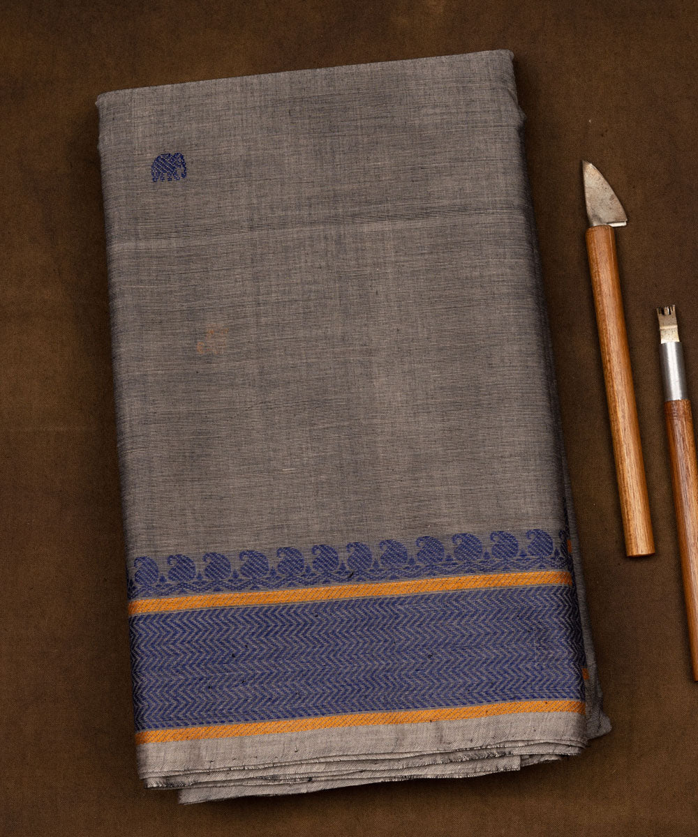 Grey blue cotton handloom kajivaram saree
