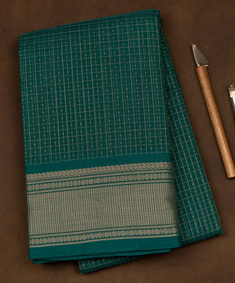 Teal green grey cotton handloom kajivaram saree