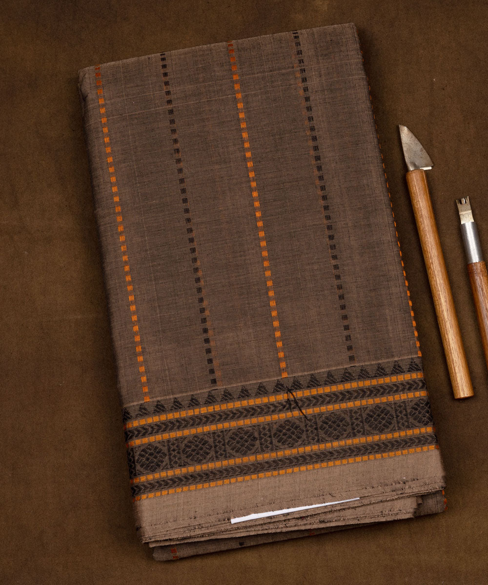 Brown beige cotton handloom kajivaram saree