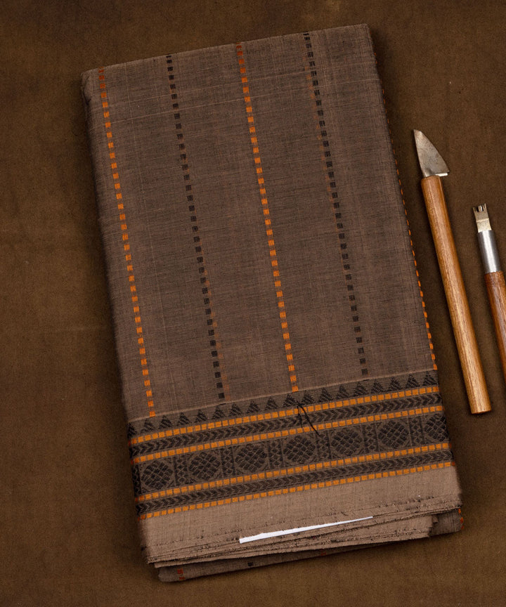 Brown beige cotton handloom kajivaram saree