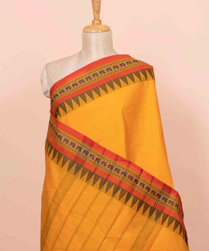Yellow red cotton handloom chettinad saree