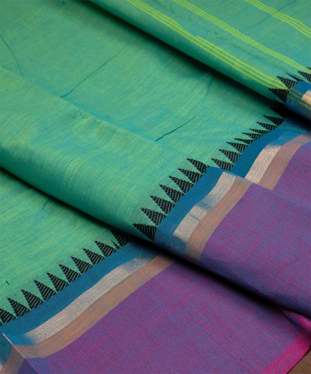 Light green navy blue cotton handloom chettinad saree
