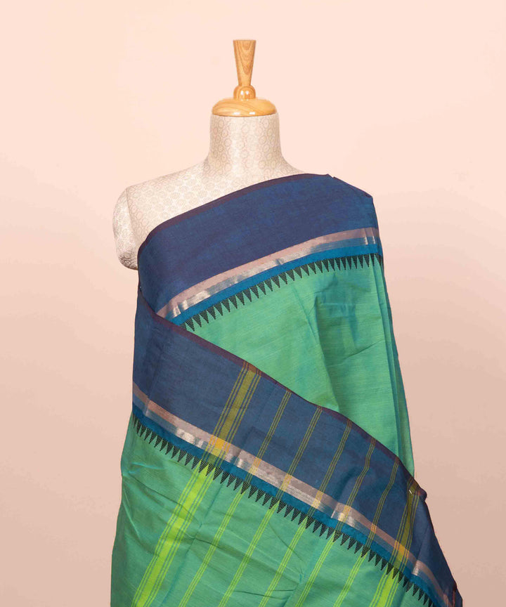 Light green navy blue cotton handloom chettinad saree