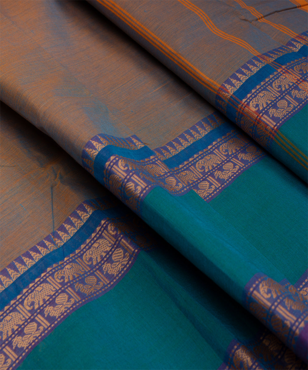 Beige green cotton handloom chettinad saree
